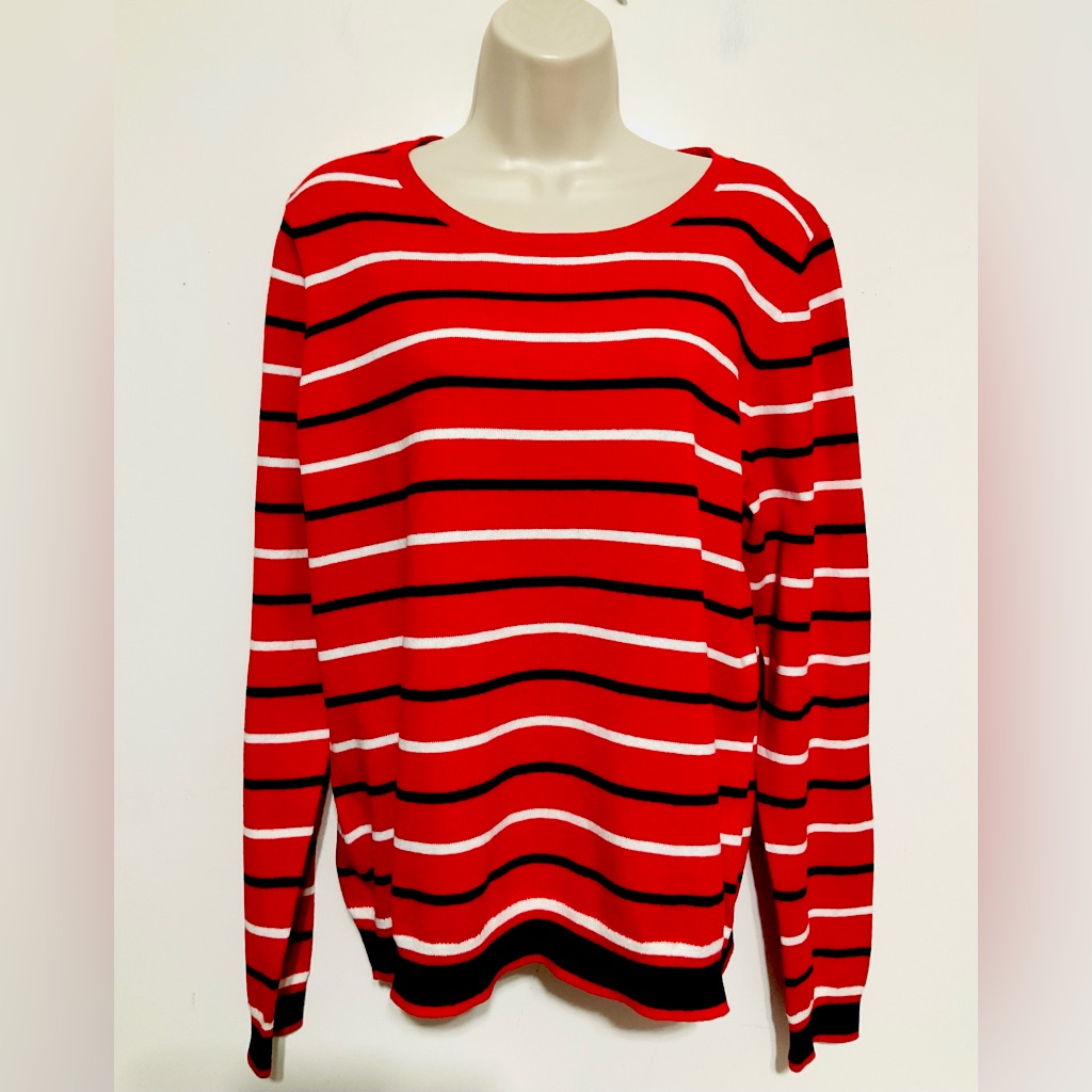 J. Crew Red White Black Striped Crewneck Sweater